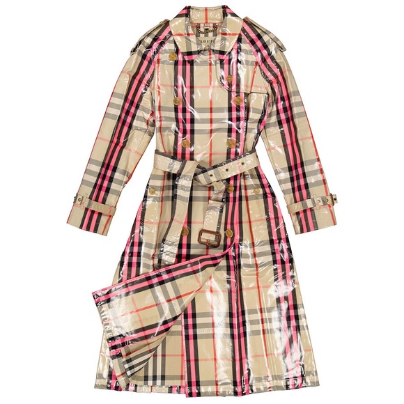 NWT Burberry Ladies Neon Pink Nova Check Plaid Patent Trench Coat Sz 2 (US 0)
